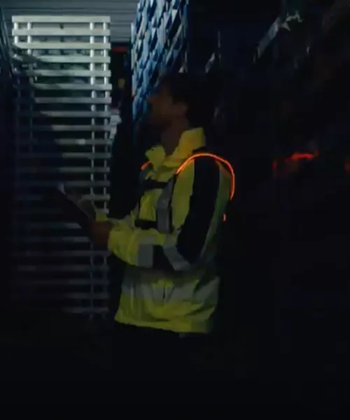 Un operario de logística revisa el inventario en una bodega con poca iluminación, equipado con el chaleco Heavy Duty activo que garantiza visibilidad y seguridad